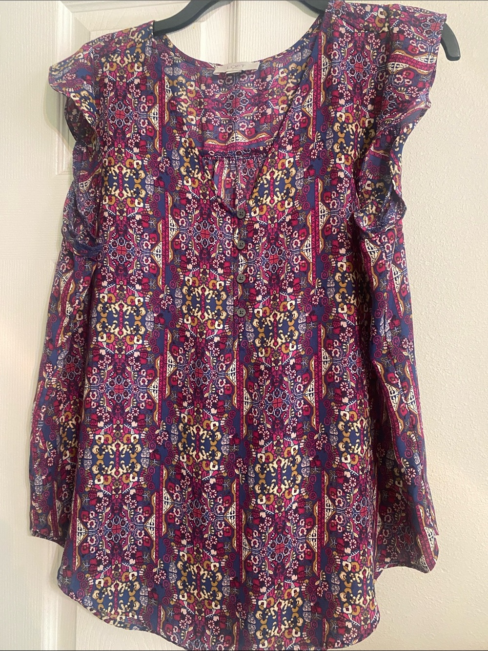 LOFT Purple Floral Flutter Sleeve Blouse